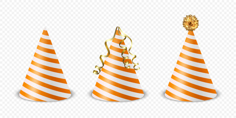 Vector 3d Realistic Orange and White Birthday Party Hat Icon Set Isolated on White Background. Party Cap Design Template for Party Banner, Greeting Card. Holiday Hats, Cone Shape, Front View