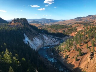 Scenic view of the Calcite Springs in Yellowstone National Park on a sunny day in Wyoming, USA