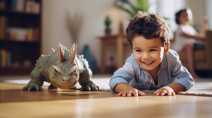 A little boy on the floor playing with his dinosaur toy