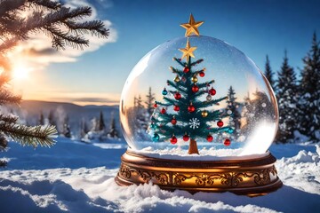 Composite image of decorated christmas tree in snow globe with snowflakes at sunset  - obrazy, fototapety, plakaty