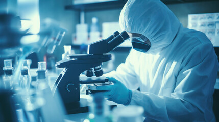 Scientist analyze biochemical samples in advanced scientific laboratory. Medical professional use microscope look microbiological developmental of viral. Biotechnology research in science lab.