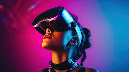 Portrait of a woman using VR Virtual Reality headset in the abstract cyberpunk colorful virtual...