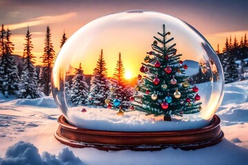 Composite image of decorated christmas tree in snow globe with snowflakes at sunset 