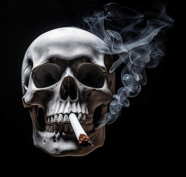 Human skull on black background, smoking a cigarette 
