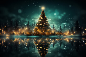 Majestic Christmas tree illuminated with golden lights. Magical holiday scene. Starry night, tranquil village