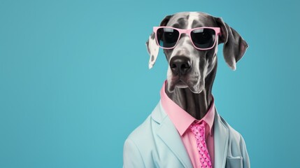 Creative portrait of a dog mascot dressed in suit and tie, wearing pink sunglasses. Minimal humorous concept, funny character, pastel colors. Background with copy space. - obrazy, fototapety, plakaty