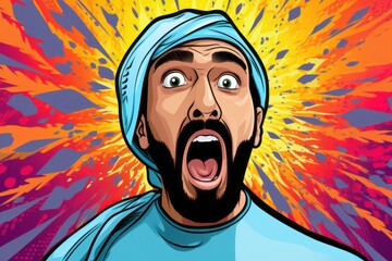 Surprised arab man exclaims amid vibrant pop art chaos, Generative AI