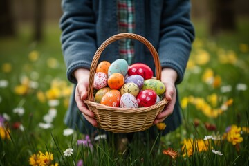 Innocence and joy of childhood hands holding easter basket with traditional bread and colorful eggs