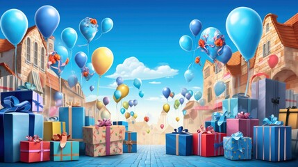 Illustration of a backdrop for a birthday flyer with colorful balloons and gifts, against a city and sky background
