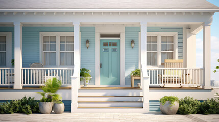 Front entrance to a classic country house. Family cottage, minimalistic and cozy exterior, summer, sunny. Creative concept for a mortgage and moving to a country home. 