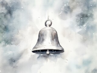Grey bell. Christmas watercolor illustration. Card background frame.