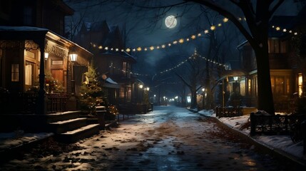 Fototapeta premium A hushed street, softly lit by the moon's glow 