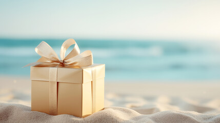 Golden gift box with a bow on a sandy beach near the ocean - obrazy, fototapety, plakaty