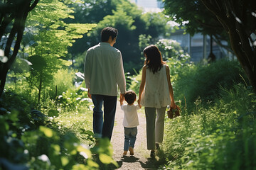 子どもと一緒に公園を歩く家族