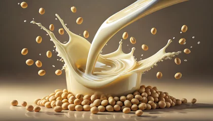 Poster Im Rahmen Soy milk pouring and Splash with Soy beans, 3d rendering. © samuel