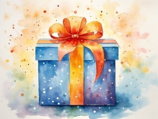 Fototapeta na wymiar Gift box with ribbon. Christmas watercolor illustration. Card background frame.