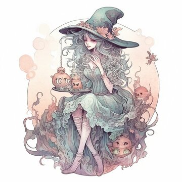 Spooky, Halloween, Pastel, Witch, Watercolor
