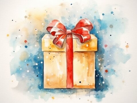 Gift box with ribbon. Christmas watercolor illustration. Card background frame.