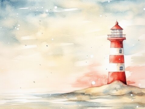 Red lighthouse. Christmas watercolor illustration. Card background frame. Copy space.