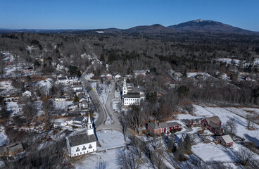 Drone image of Fitzwilliam, New Hampshire in winter 