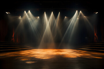 spotlights illuminate an empty stage against a dark background