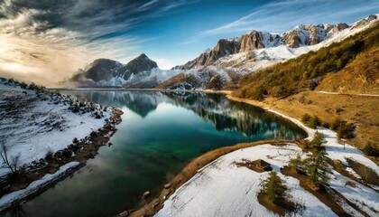 Fototapeta na wymiar Contrastes Hivernaux : Lac de Montagne et Cimes Enneigées