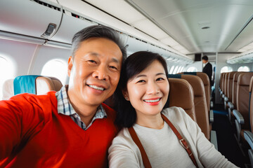 Fototapeta na wymiar Happy smiling older asian tourist couple taking selfie inside airplane. Tourism concept, holidays and traveling lifestyle.