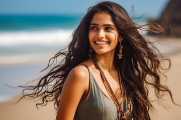 Happy beautiful young indian woman smiling at the beach. Summer at the beach, positivity and happy carefree lifestyle.