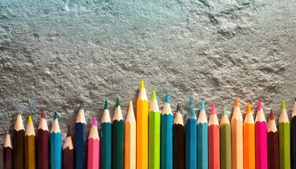 Palette de créativité : Crayons de couleur alignés - obrazy, fototapety, plakaty
