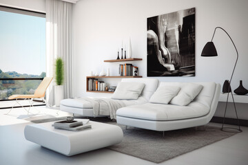 Modern white living room with sofa. Open space modern living interior design. Dark big living space. Architecture and home design.