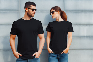 Woman and man wearing plain black t-shirt for mockup. Fashion model female with black t-shirt and neutral background. Black T-shirt mockup.