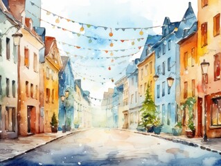 A cozy city decorated for the holiday. Christmas watercolor illustration. Card background frame.