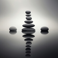 black and white photo of a stack of rocks on water