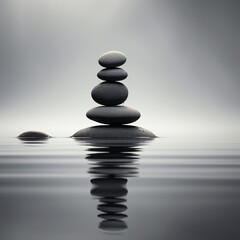 black and white photo of a stack of rocks on water