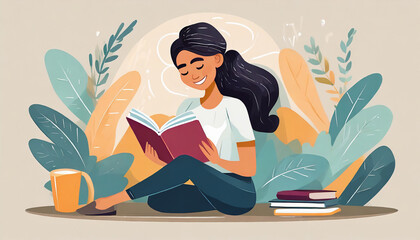 Happy woman sits and reads the book with enjoy and interest. The girl keeps her diary or takes notes. Book therapy session. Mental health concept illustration - obrazy, fototapety, plakaty
