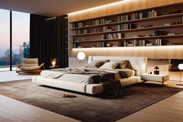 Modern bedroom with big bed. Open space modern living interior design. Dark big living space. Architecture and home design.