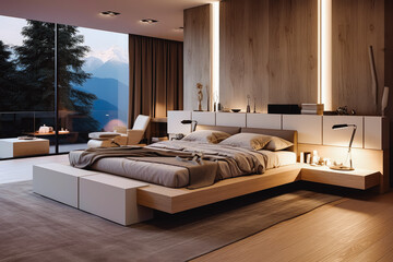 Modern bedroom with big bed. Open space modern living interior design. Dark big living space. Architecture and home design.