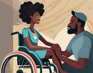 Woman aids person with limited mobility gets rid of depression, anxiety and stress. Friend or caregiver supports female in the wheelchair and helps start the new life. Psychological concept