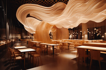 Modern open space restaurant room interior with tables. Open space modern living interior design. big living space. Architecture and design.