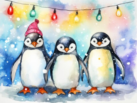 Three penguins. Christmas watercolor illustration. Card background frame.