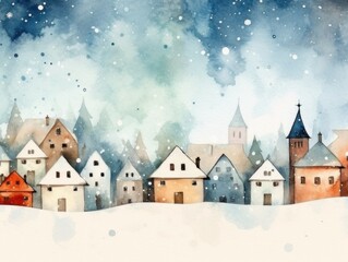 Obraz na płótnie Canvas Snow-covered houses. Christmas watercolor illustration. Card background frame.