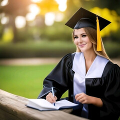 Mujer joven rubia con toga y birrete firmando en un libro el día de su graduación  - obrazy, fototapety, plakaty