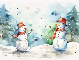 Two snowmen in the forest. Christmas watercolor illustration. Card background frame. Copy space.