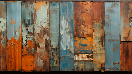 A close-up of corrugated metal with rust and patina. AI generative