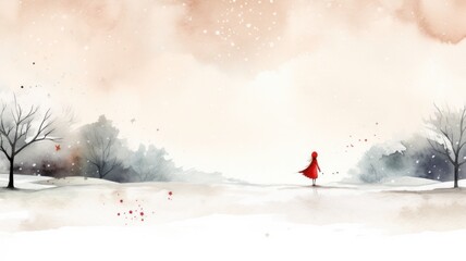 A girl in a red coat in a snowy forest. Christmas watercolor illustration. Card background frame.