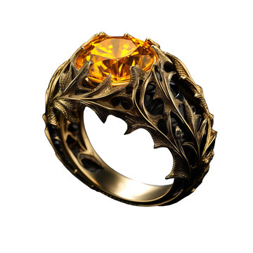 A yellow, beautifully decorated fantasy ring lies on a clear, transparent background, exuding an enchanting appeal.