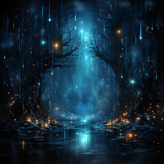 A dark blue background with neon rain. AI generative