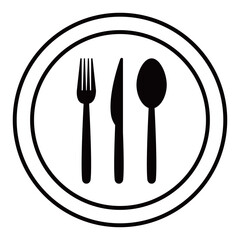 Tableware vector illustration on white background. Fork, knife, plate, spoon icon. Restaurant dining and eating utensils. Dark shape silhouette.