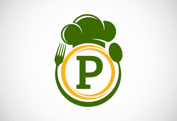 Initial alphabet P with chef hat, spoon and fork. Modern vector logo for cafe, restaurant, cooking business, and company identity