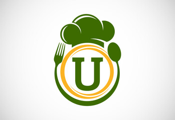 Initial alphabet U with chef hat, spoon and fork. Modern vector logo for cafe, restaurant, cooking business, and company identity